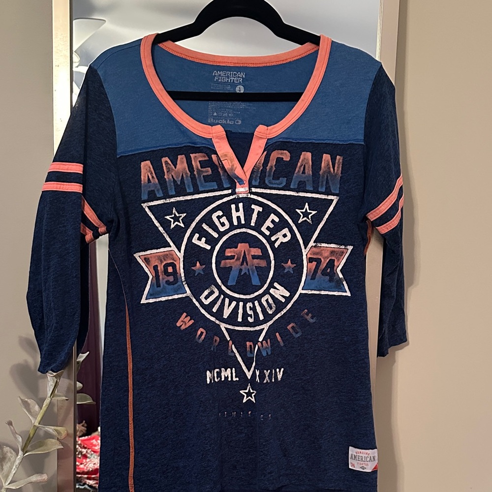 American Fighter Blue and Fluorescent Orange 3/4 Sleeve Tee from Buckle